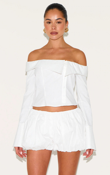  Prettylittlething White Linen Blend Bardot Button Up Shirt 