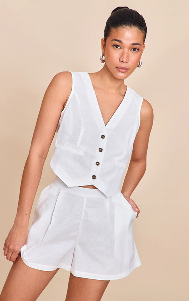  Prettylittlething White Linen Look Boxy Detail Waistcoat 