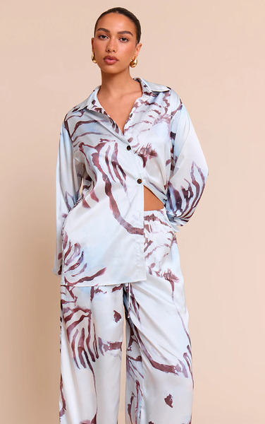  Prettylittlething White Pirinted Oversized Satin Button Up Shirt 