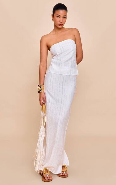  Prettylittlething White Textured Frayed Mid Rise Maxi Skirt Co-ord 