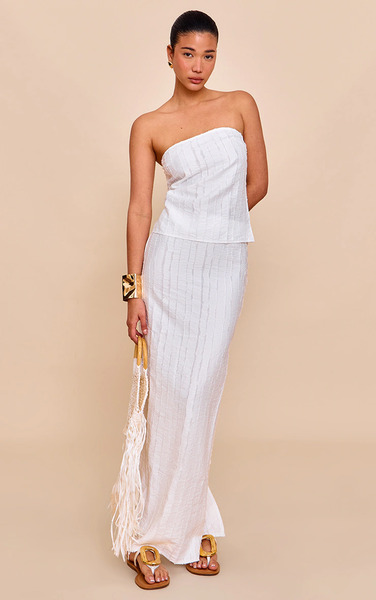  Prettylittlething White Textured Frayed Mid Rise Maxi Skirt 