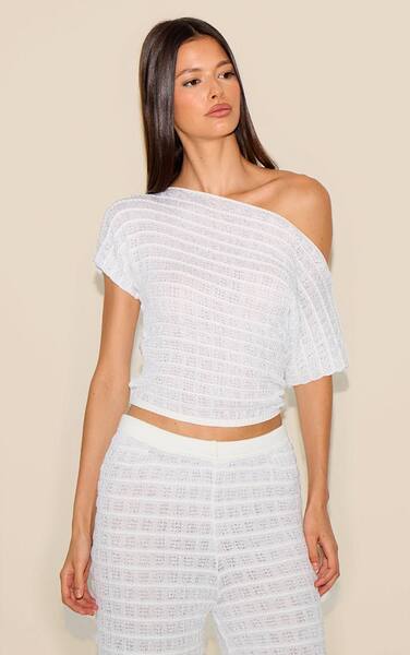  Prettylittlething White Textured Knit Off The Shoulder Top 