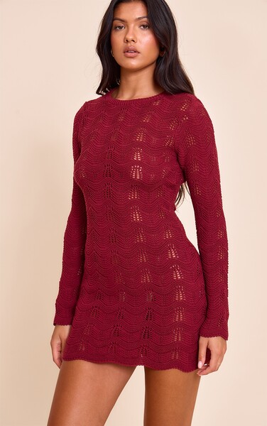  Prettylittlething Wine Long Sleeve Backless Mini Dress 