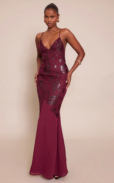  Prettylittlething Wine Textured Strappy Fishtail Maxi Dress 