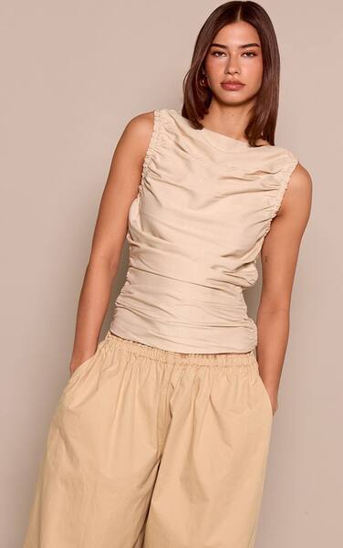  Prettylittlething Woven Sleeveless Ruched Detail Top, Sand 