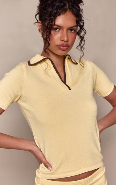  Prettylittlething Yellow Contrast Collar Knitted Polo Top 
