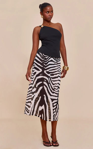 Prettylittlething Zebra Print Sheer Chiffon Midaxi Skirt 