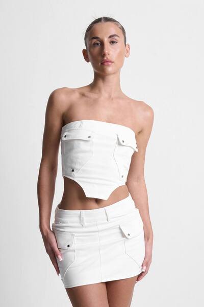  Tanaki Mixed Fabric Cargo Corset Top, White 