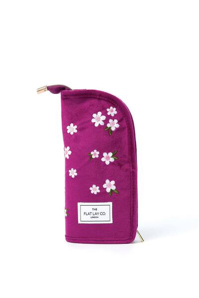  The Flat Lay Co Brush Holder In Embroidered Daisy Plum Velvet 