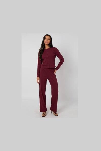  Urban Bliss Ribbed Wide Leg Trouser, Burgundy 