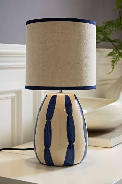  Valuelights Brynn Natural And Navy Ceramic Stripe Table Lamp, Cream 