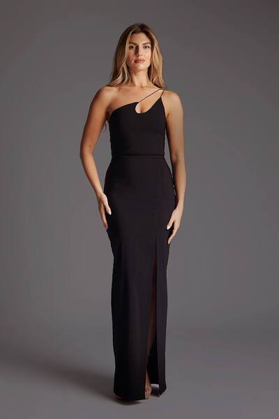  Vesper One Shoulder Strappy Maxi Dress With Side Split, Black 
