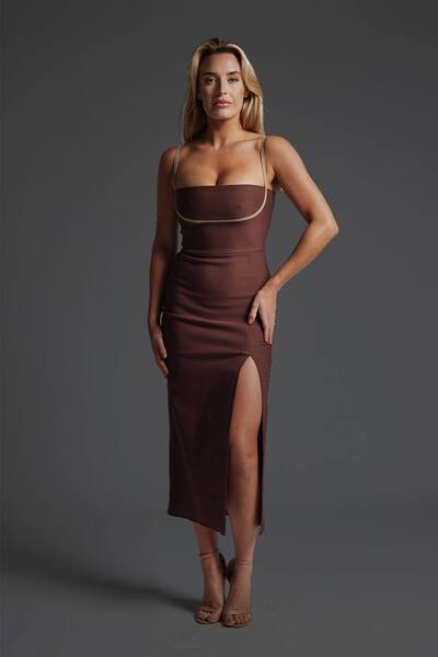  Vesper Square Neck Contrast Strap Midaxi Dress, Chocolate 