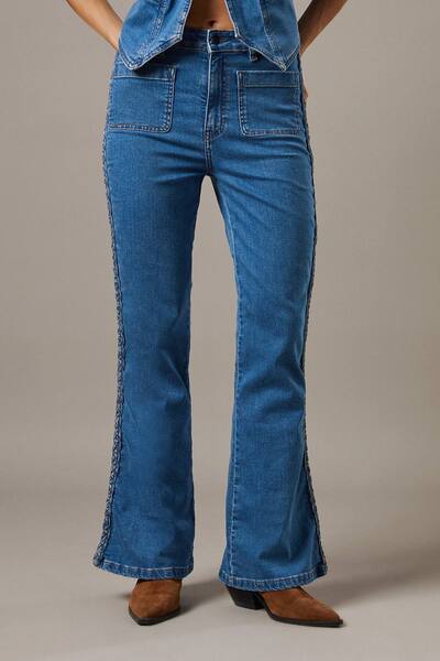  Warehouse High Waist Denim Bootcut With Patch Pockets, Mid Wash 