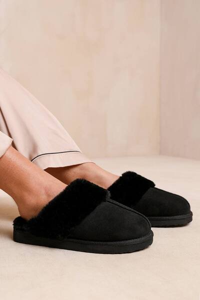  Where's That From 'comfort' Slip On Slippers With Fur Trim Suede, Black 