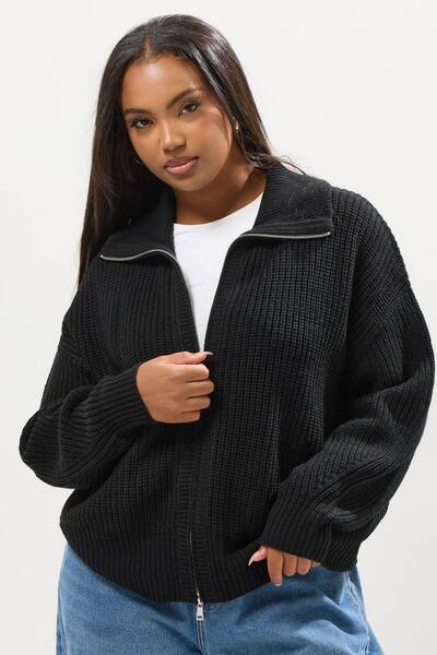  Yours Bomber Knitted Cardigan Sweater, Black 