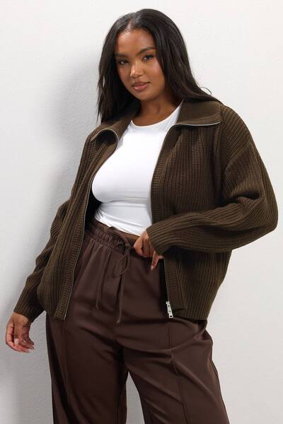  Yours Bomber Knitted Cardigan Sweater, Brown 