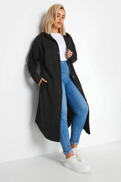  Yours Buttoned Through Hooded Maxi Jacket, Black 