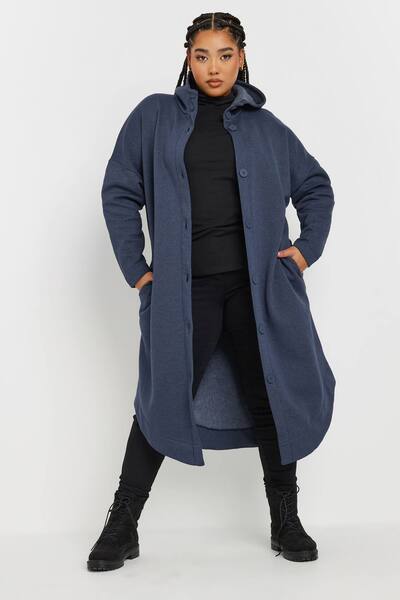  Yours Buttoned Through Hooded Maxi Jacket, Blue 