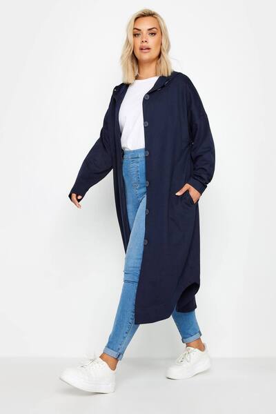 Yours Buttoned Through Hooded Maxi Jacket, Dark Navy 