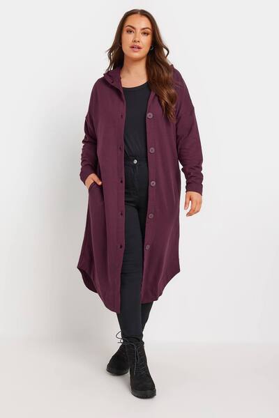  Yours Buttoned Through Hooded Maxi Jacket, Red 