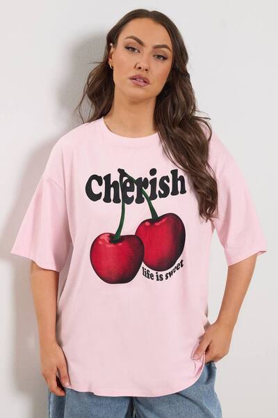  Yours Cherry Slogan T-shirt, Light Pink 