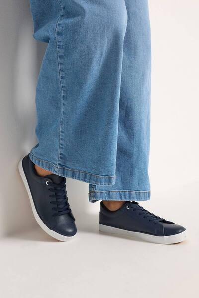  Yours Faux Leather Trainers In Extra Wide Eee Fit, Mid Navy 