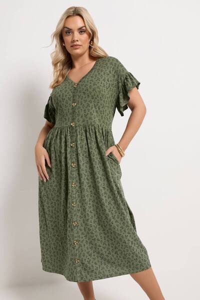  Yours Floral Frill Sleeve Dress, Olive 