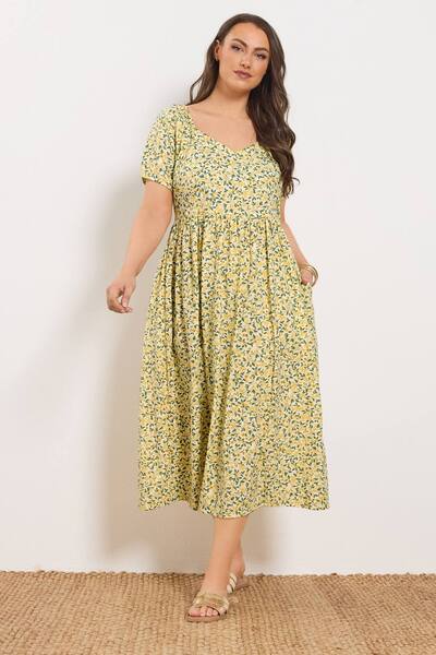  Yours Lemon Print Midi Dress, Yellow 