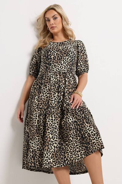  Yours Leopard Tiered Midi Dress, Brown 