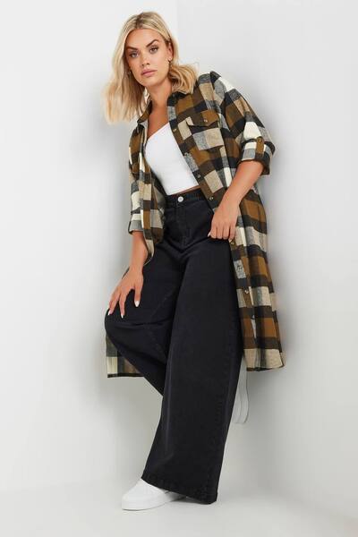  Yours Longline Check Shirt, Brown 