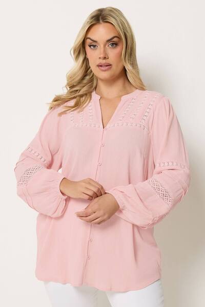  Yours Notch Neck Crochet Blouse, Baby Pink 