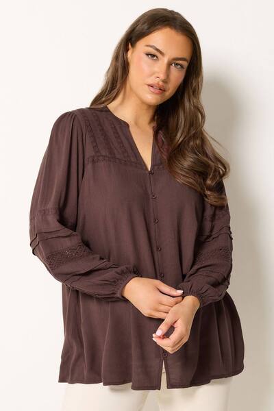 Yours Notch Neck Crochet Blouse, Chocolate 