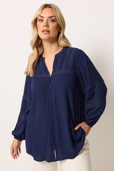  Yours Notch Neck Crochet Blouse, Dark Navy 