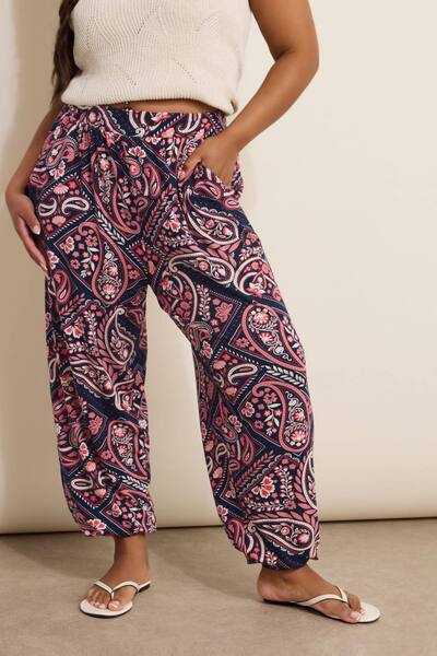  Yours Paisley Print Harem Trousers, Dark Navy 