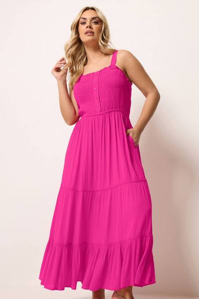  Yours Shirred Placket Dress, Bright Pink 