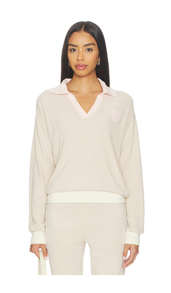 Barefoot Dreams Cozy Chic Ultra Lite Color Block Heart Collared Pullover In Tan. Size S. Also In M, L, Xl. 