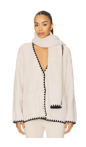  Barefoot Dreams Cozychic Blanket Stitch Cardigan With Detachable Scarf In Cream. Size Xs. Also In S, Xl. 