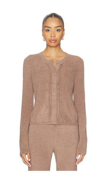  Barefoot Dreams Cozychic Ultra Lite Pointelle Rib Ruffle Front Cardigan In Brown. Size S. Also In Xs, M, L, Xl. 