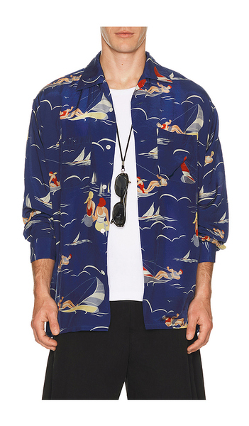 Beams Plus Open Collar Cupro Print In Blue. Size S. Also In M, L. 