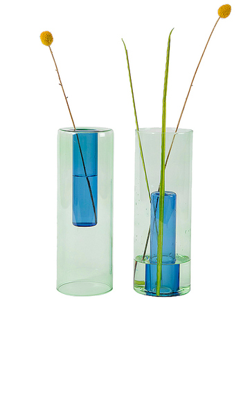  Block Design Large Reversible Glass Vase In Green. 