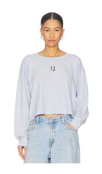  Daydreamer Cow Pattern Horseshoe Meet & Greet Long Sleeve Top In Baby Blue. Size S. Also In Xs, L, Xl. 
