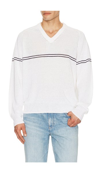 Dunst V Neck Striped Sweater In Cream. Size M. Also In L, Xl/1x. 