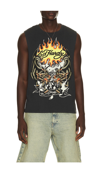  Ed Hardy Wolves Cut Off Tee In Charcoal. Size S. Also In M, L, Xl/1x. 