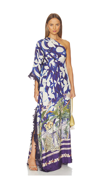  Falguni Shane Peacock Chateau Cheetah Print Kaftan With Lace Trim In Navy. Size Xs. Also In S, M, L, Xl. 