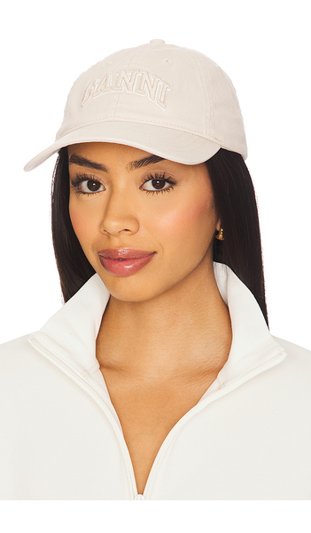  Ganni Washed Cotton Canvas Embroidered Cap In Ivory. 