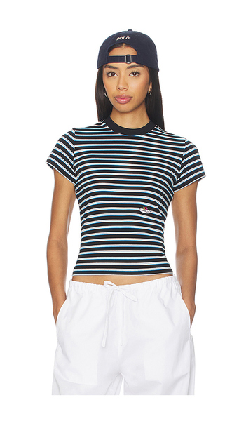  Hommegirls X Fruit Of The Loom Striped Baby Tee In Baby Blue With Printed Fruit Clusters In Black,blue. Size Xs. Also In S. 