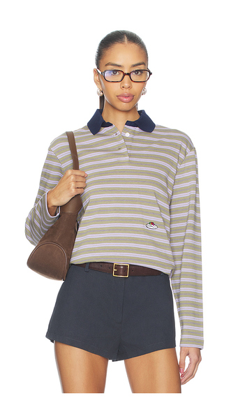  Hommegirls X Fruit Of The Loom Striped Long Sleeve Polo In Lavender Stripe In Green,purple. Size Xs. Also In S. 