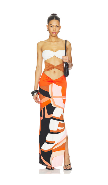  Indah Charlie Printed Maxi Dress With Solid Bandeau Panels In Orange,white. Size S. Also In Xs, M, L. 