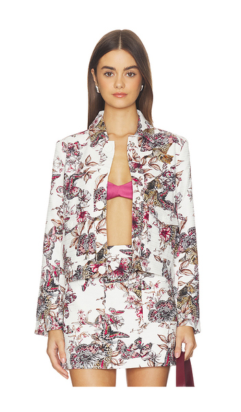  L'agence Nyx Crop Jacket In White Multi Large Butterfly Jungle In White,pink. Size 00. Also In 0, 2, 4, 6, 8. 